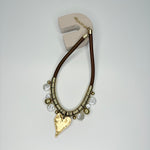 Short brown necklace, with gold heart & white faux pearl pendants