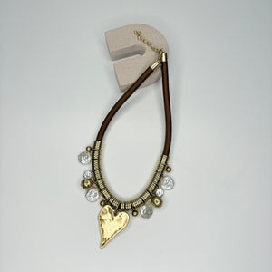 Short brown necklace, with gold heart & white faux pearl pendants