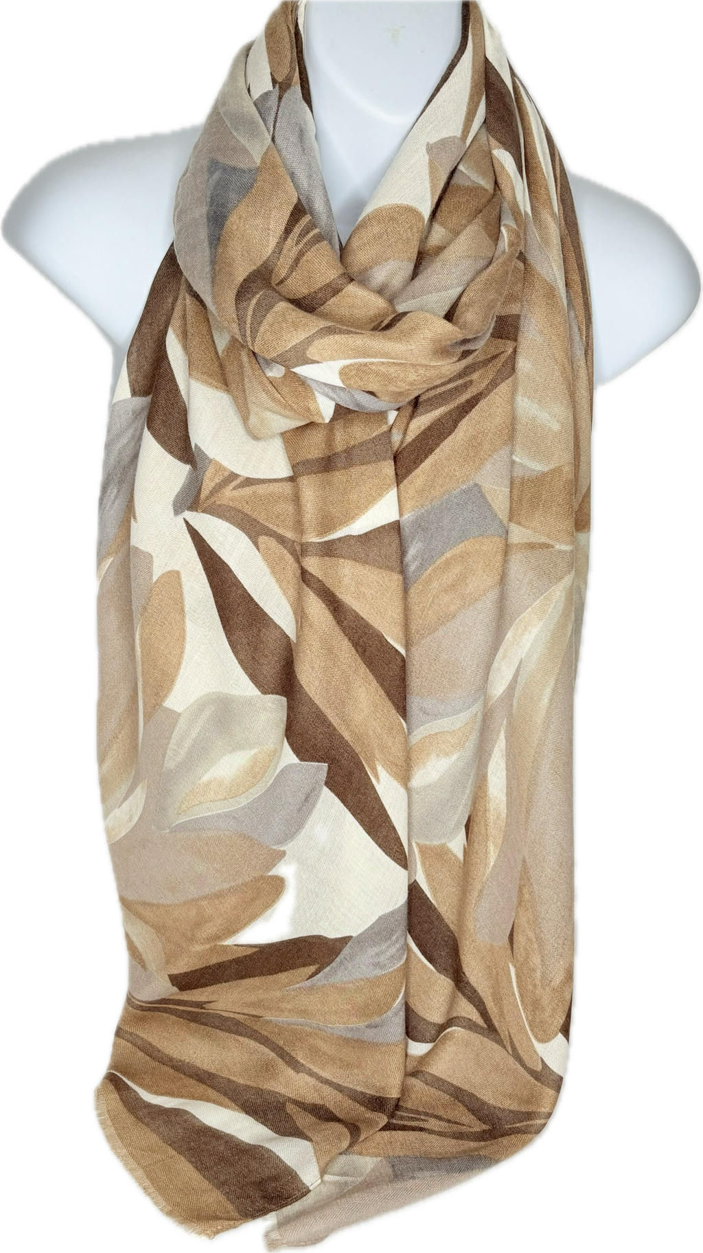Brown, camel, cream and grey leaf printed scarf