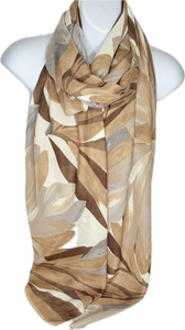 Brown, camel, cream and grey leaf printed scarf