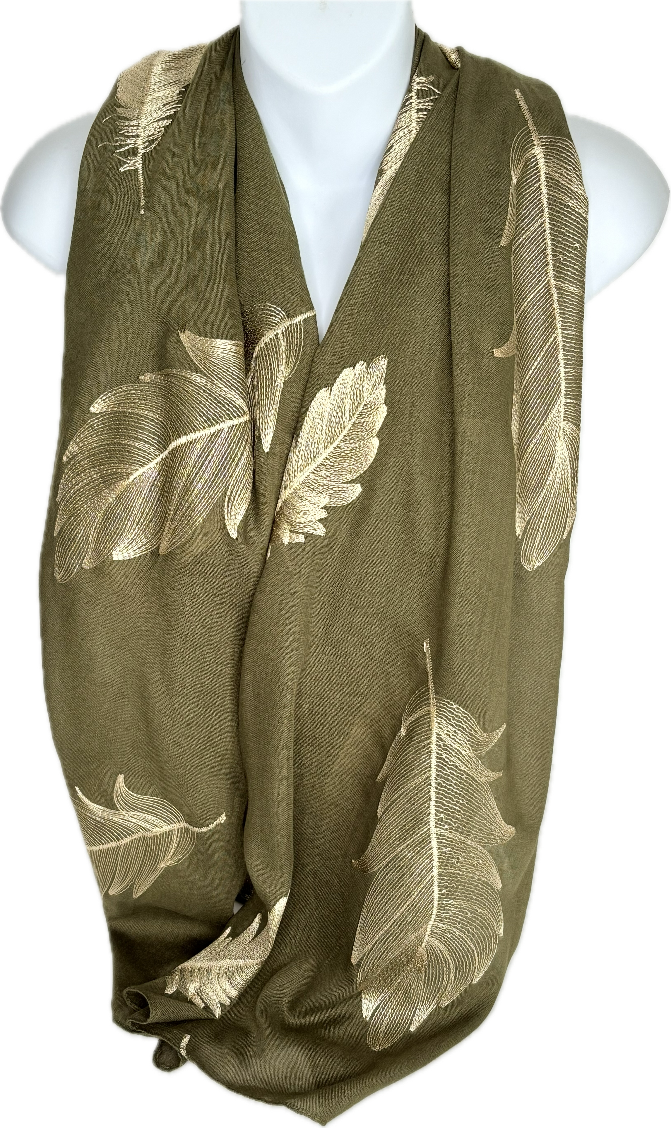 Gold embroidered feather scarf in olive green