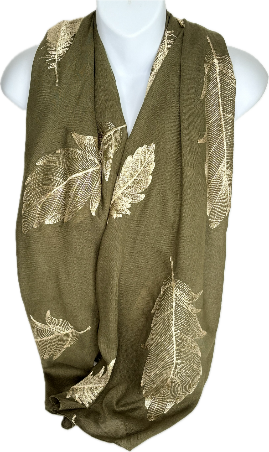 Gold embroidered feather scarf in olive green