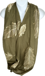 Gold embroidered feather scarf in olive green