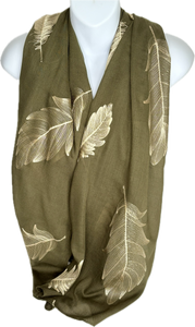Gold embroidered feather scarf in olive green