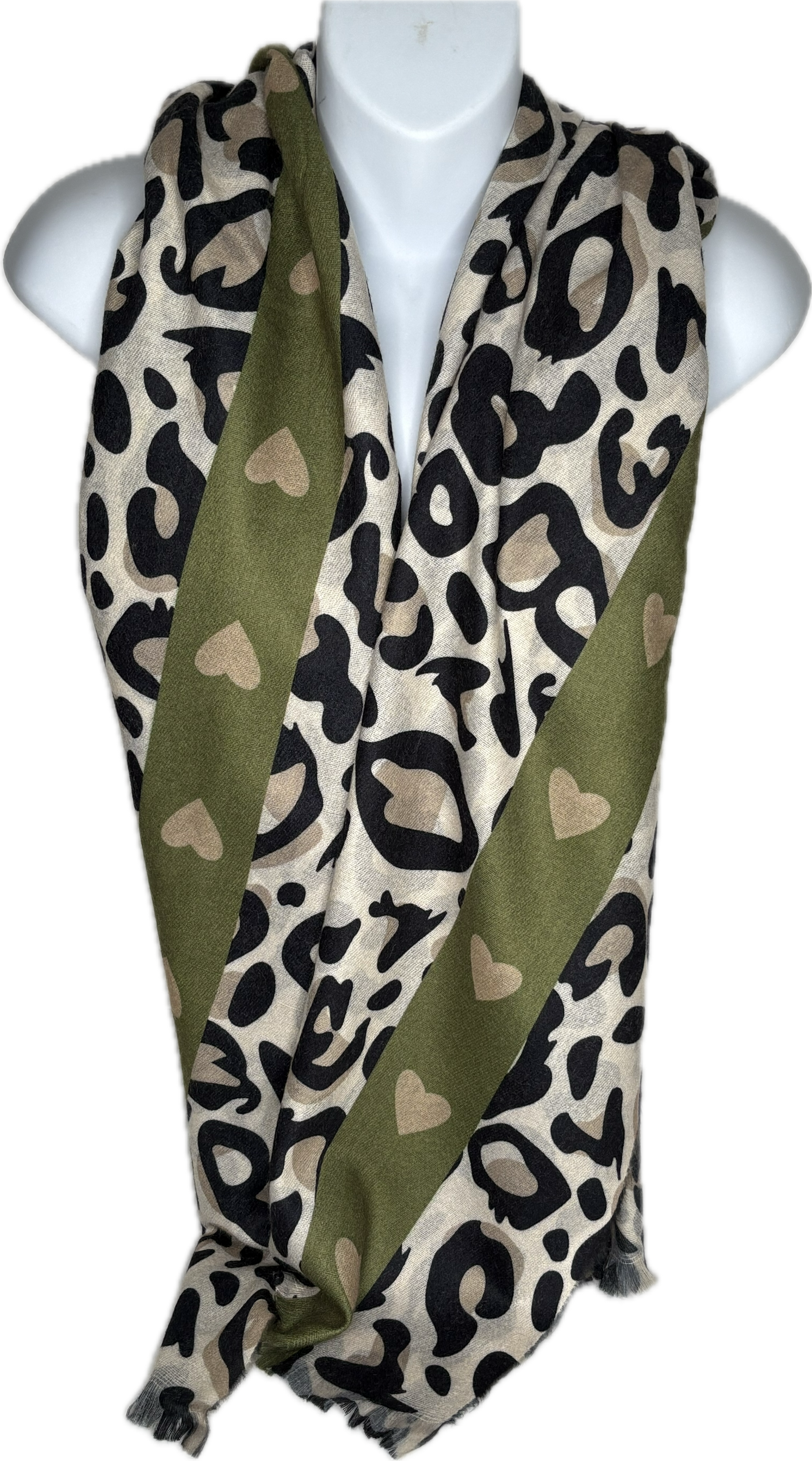 Olive green love heart & cream, black and camel leopard print wooly scarf