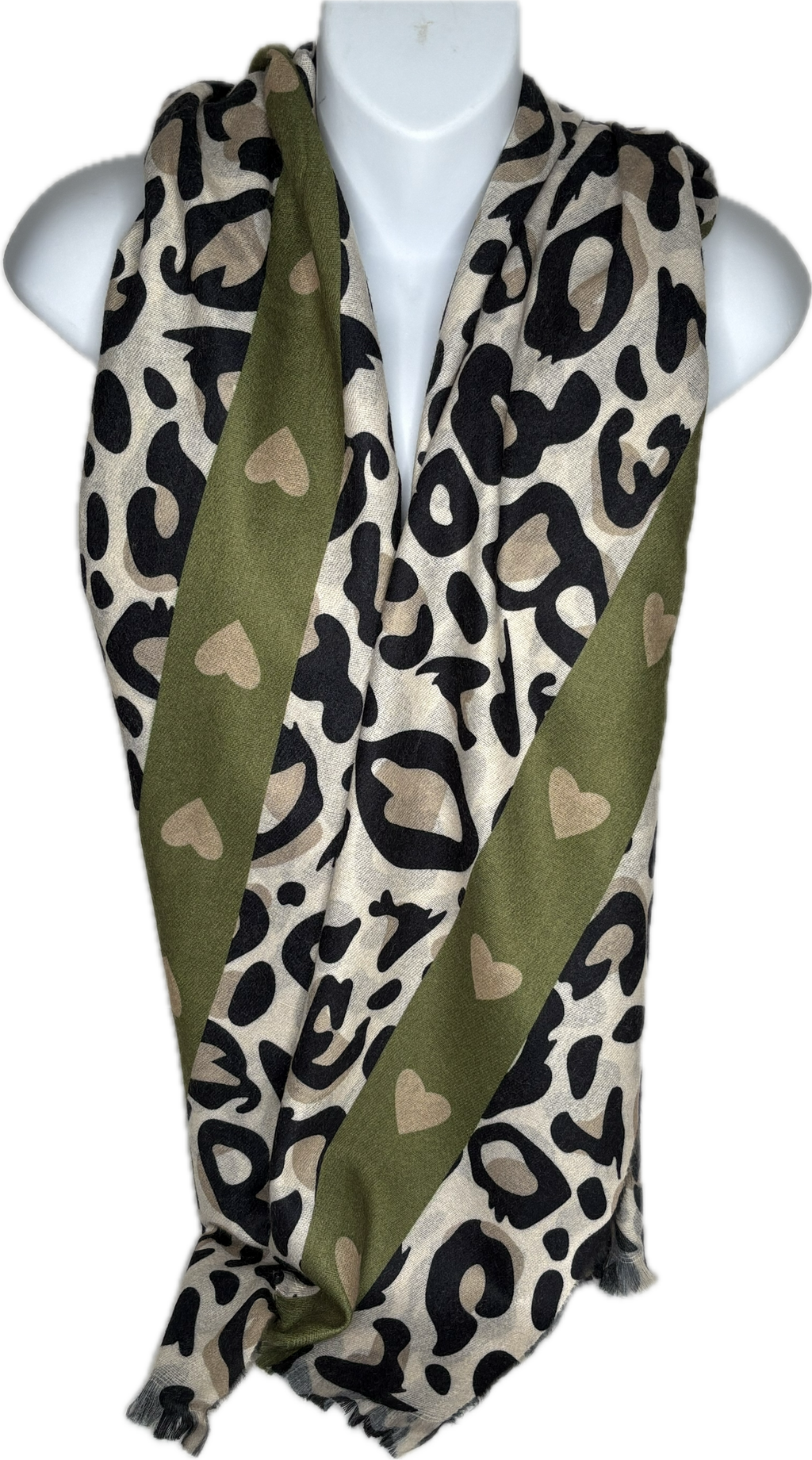 Olive green love heart & cream, black and camel leopard print wooly scarf