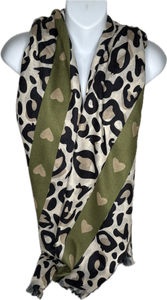 Olive green love heart & cream, black and camel leopard print wooly scarf