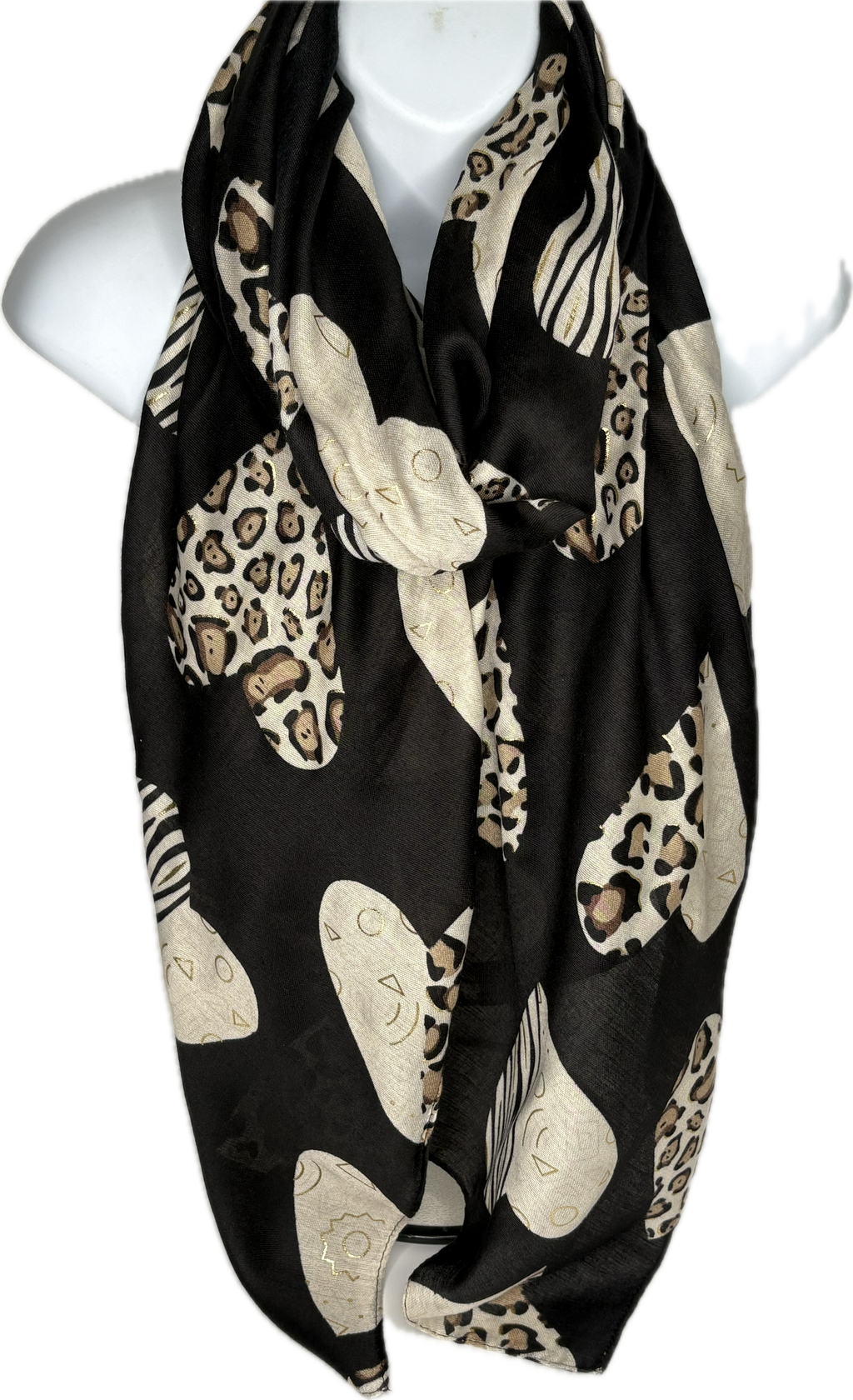 Black, camel and cream heart, leopard and zebra printed scarf