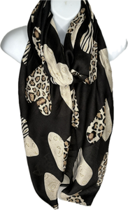 Black, camel and cream heart, leopard and zebra printed scarf