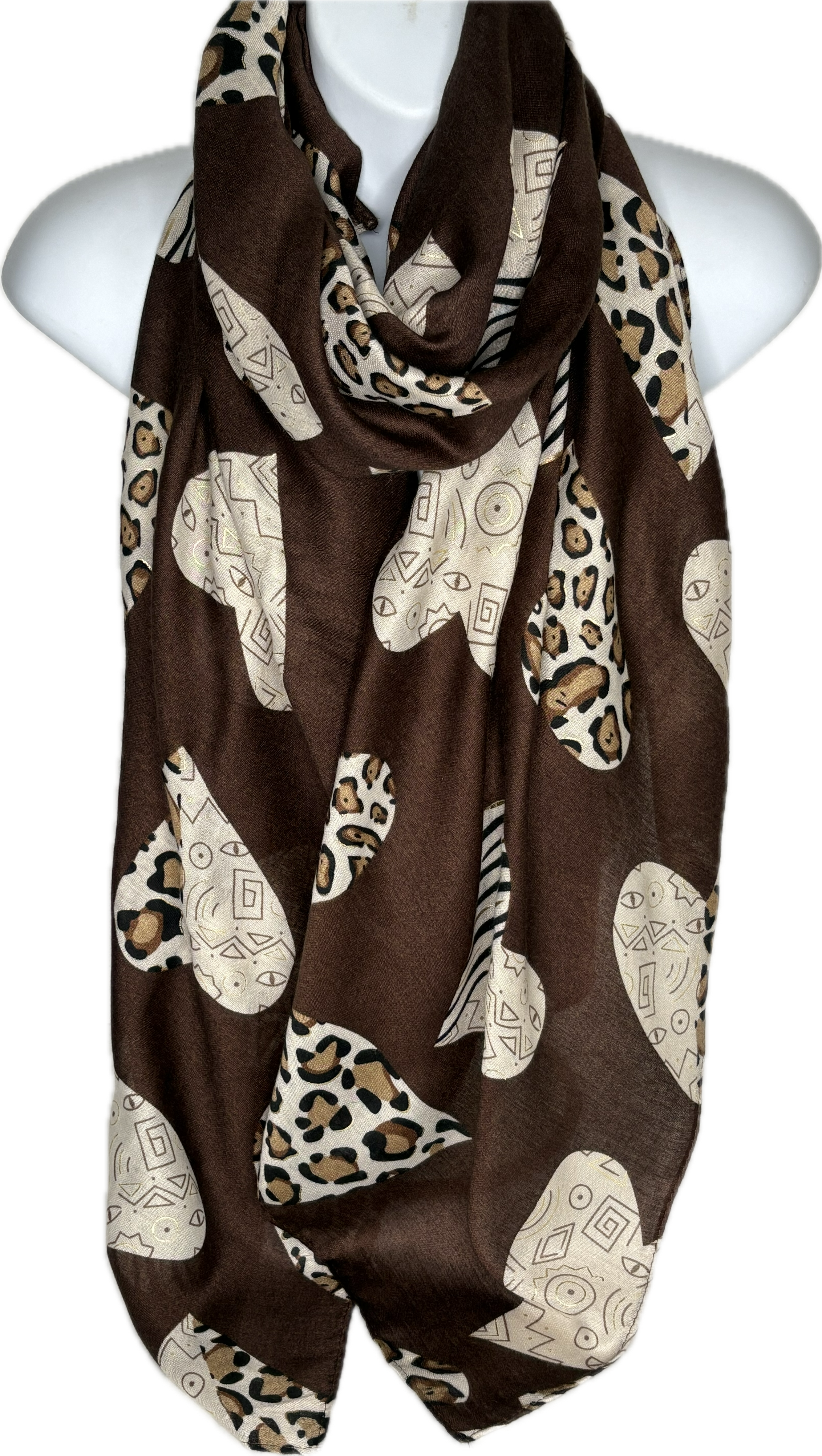 Brown, camel and cream heart, leopard and zebra printed scarf
