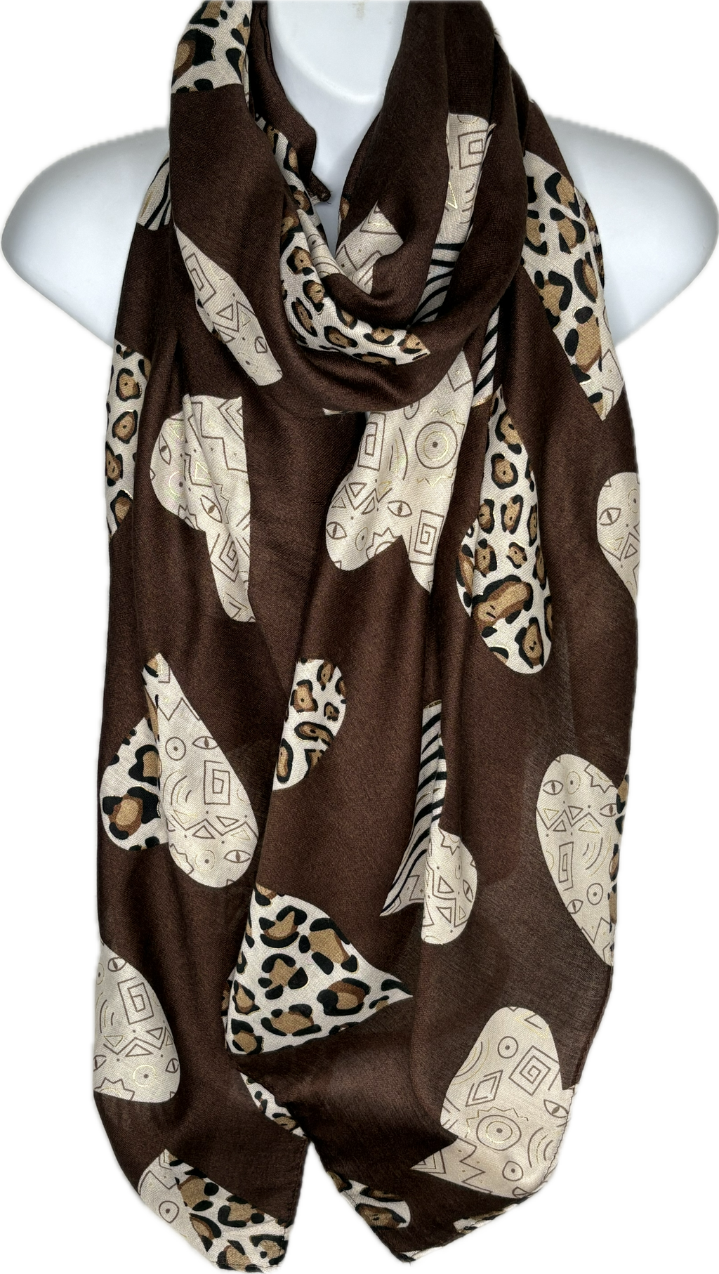 Brown, camel and cream heart, leopard and zebra printed scarf
