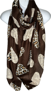 Brown, camel and cream heart, leopard and zebra printed scarf