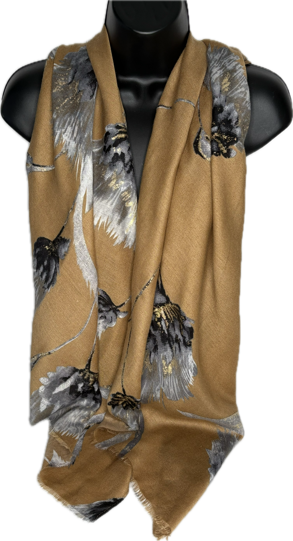 Camel, grey, black & gold foil thistle printed scarf