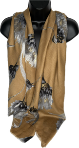 Camel, grey, black & gold foil thistle printed scarf