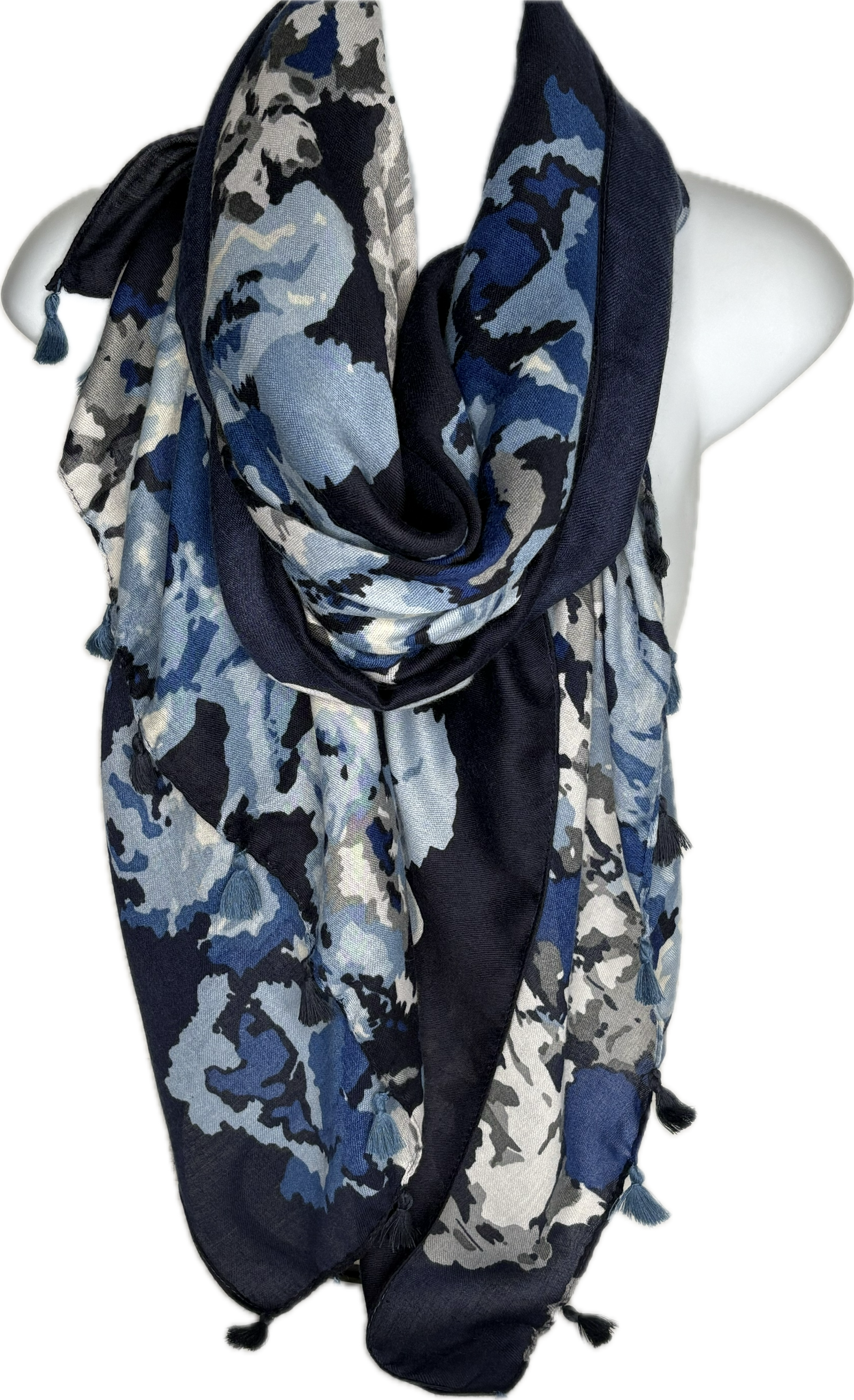 Navy, blue and grey camo printed scarf with tassels