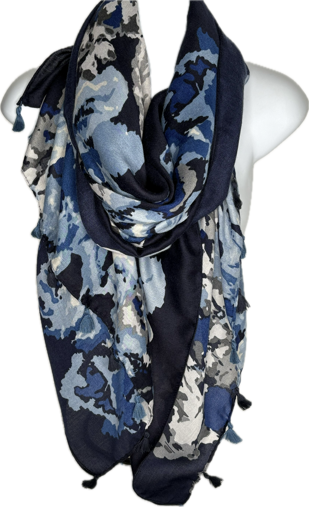 Navy, blue and grey camo printed scarf with tassels