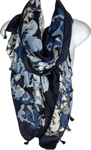 Navy, blue and grey camo printed scarf with tassels