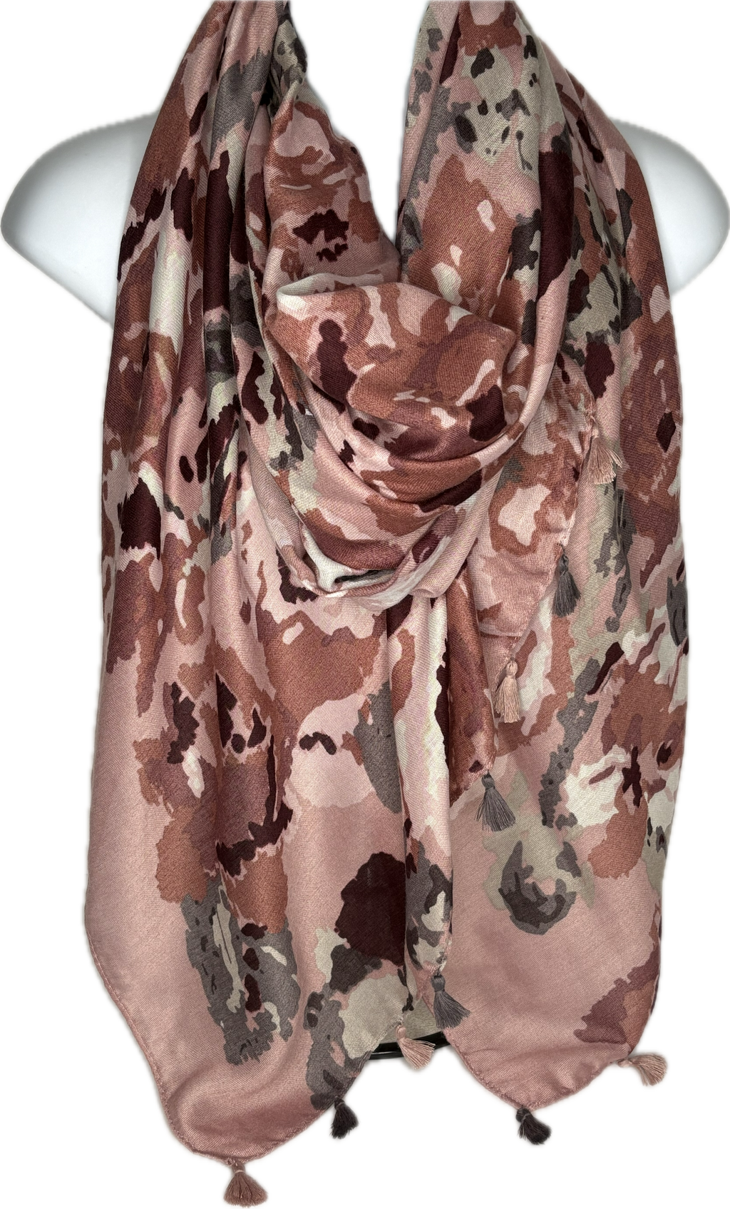 Burgundy, pink, cream & grey camo printed scarf with tassels
