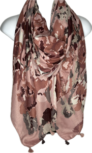 Burgundy, pink, cream & grey camo printed scarf with tassels