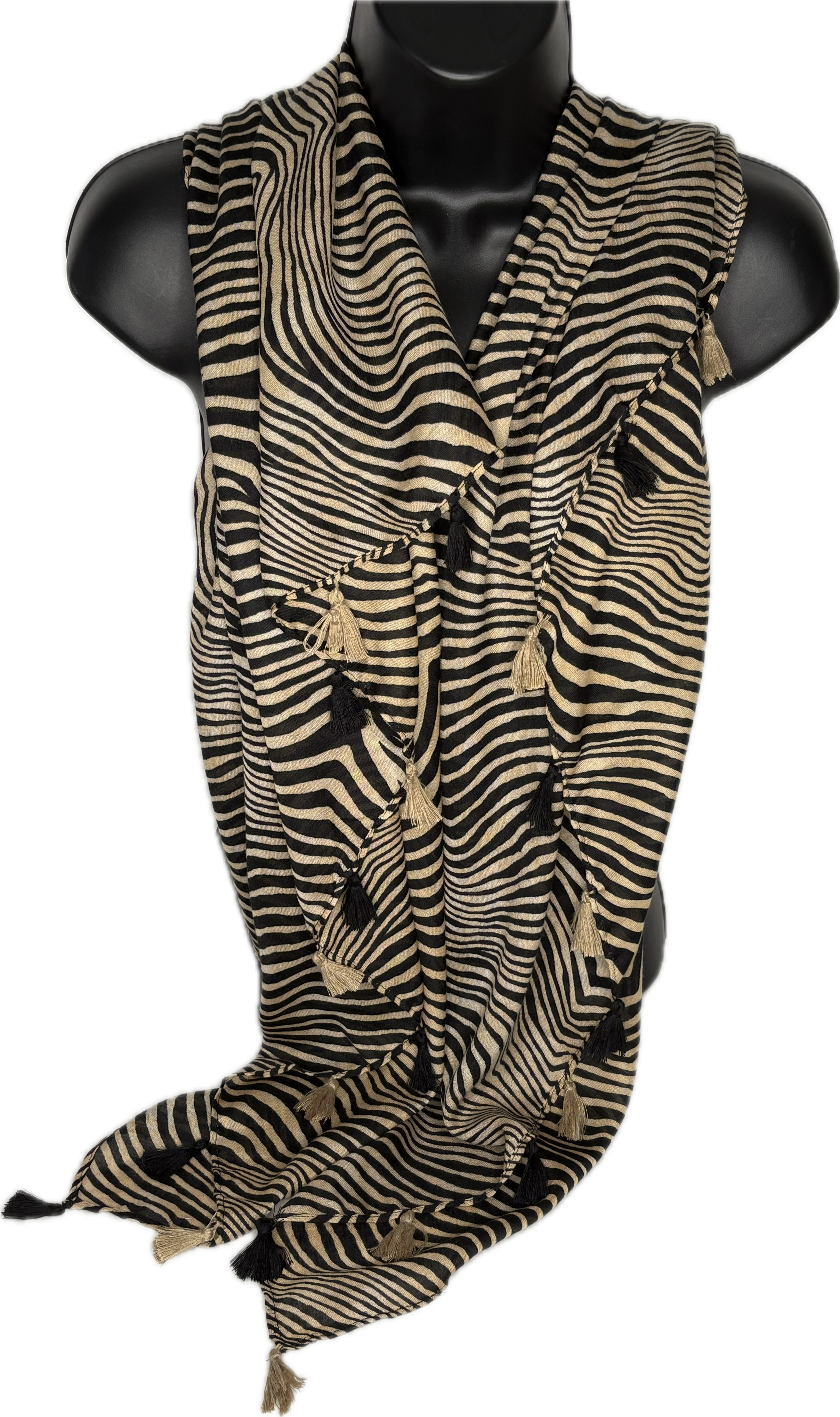 Camel and black zebra print scarf with tassels