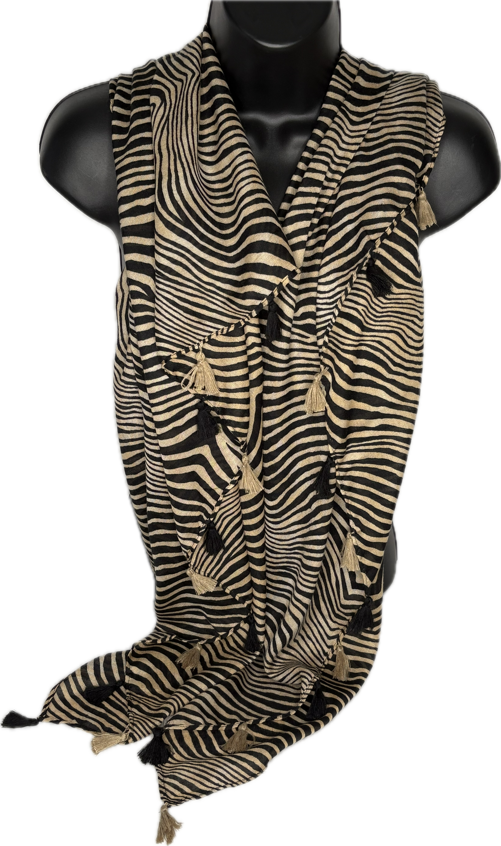 Camel and black zebra print scarf with tassels