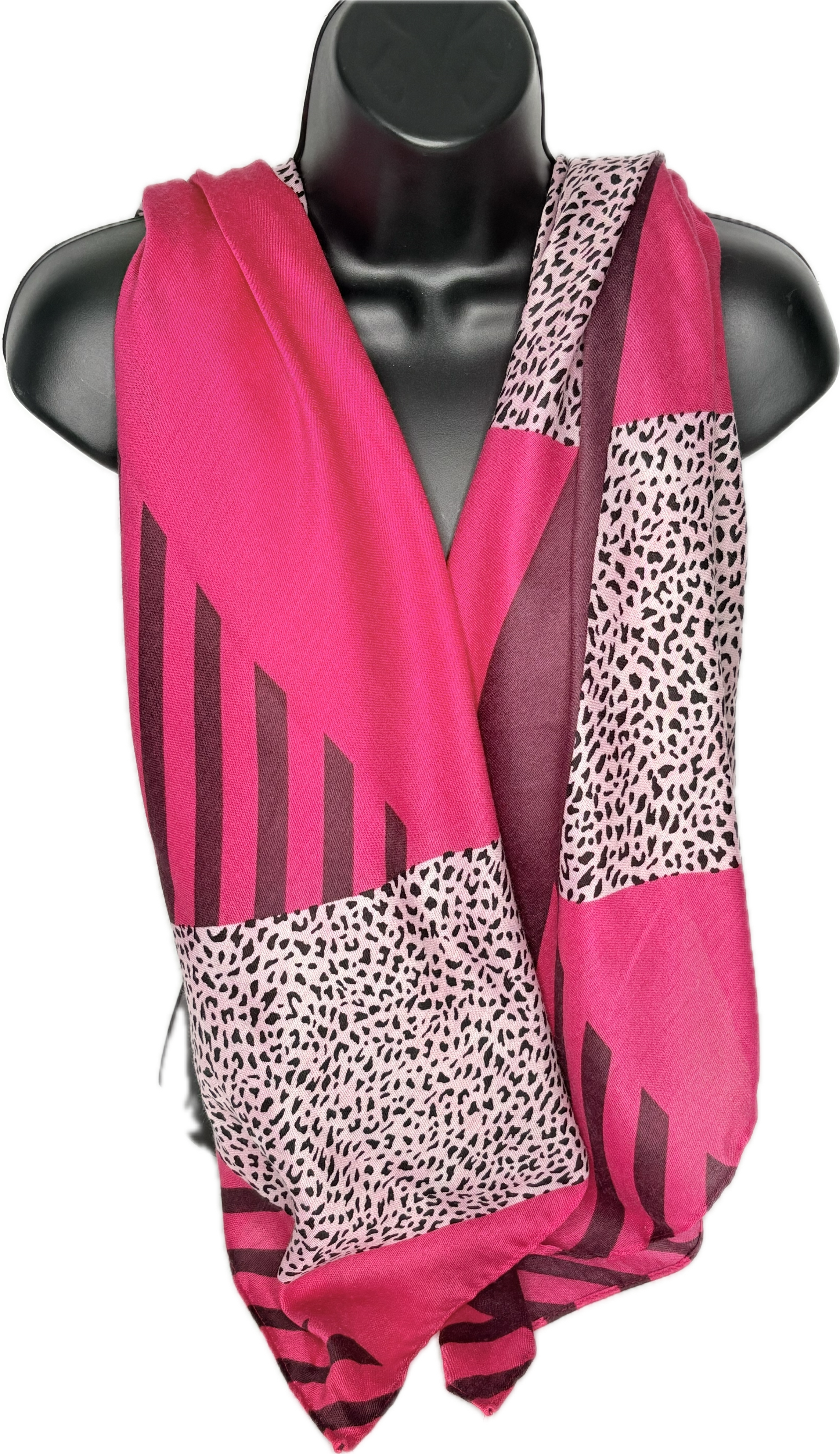 Hot pink, burgundy, black and white cheetah and line printed scarf