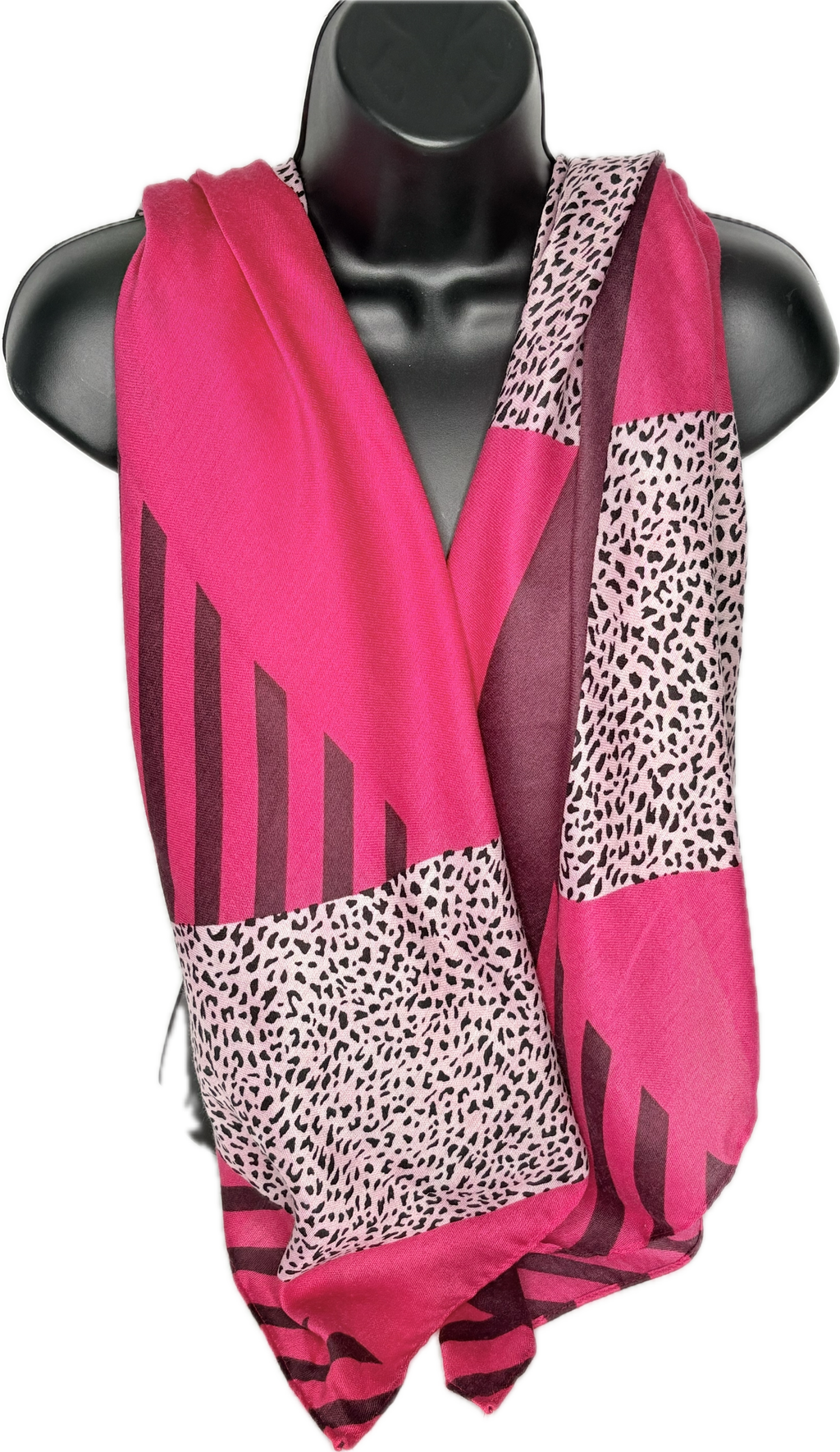 Hot pink, burgundy, black and white cheetah and line printed scarf