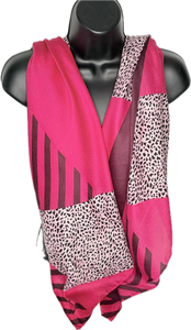 Hot pink, burgundy, black and white cheetah and line printed scarf