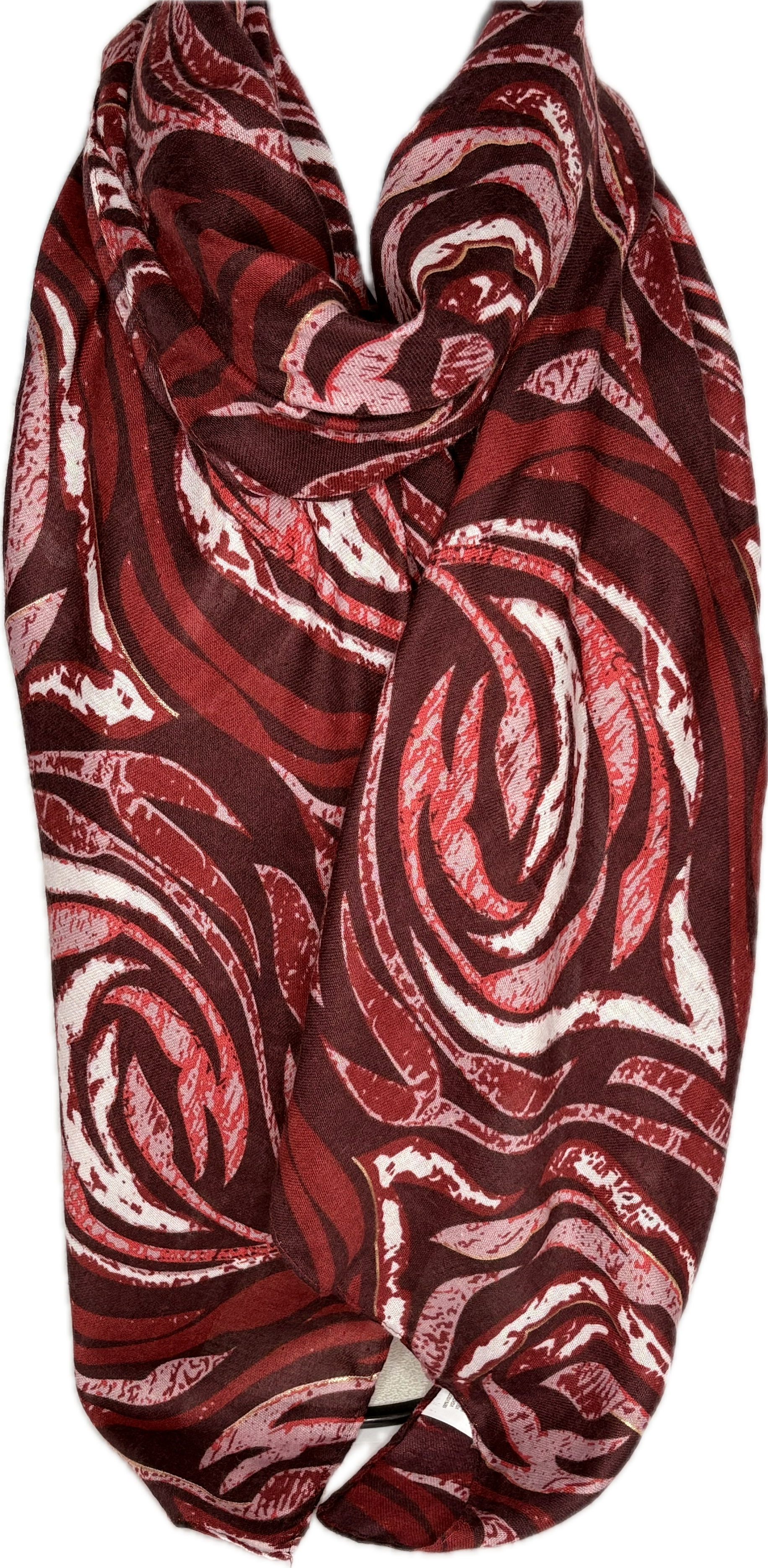 Red wine, pink and white rose print scarf with subtle gold foil detail