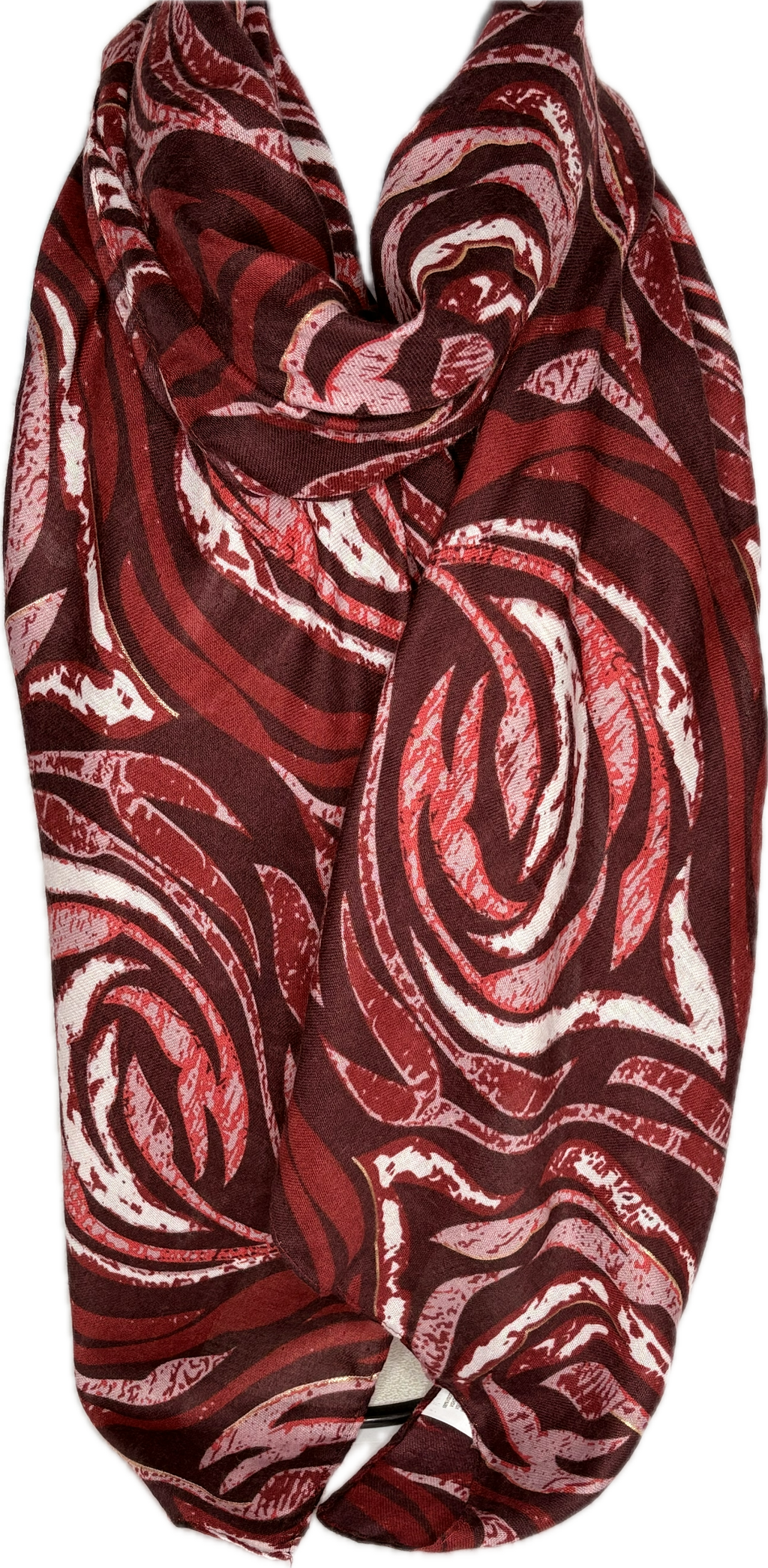 Red wine, pink and white rose print scarf with subtle gold foil detail