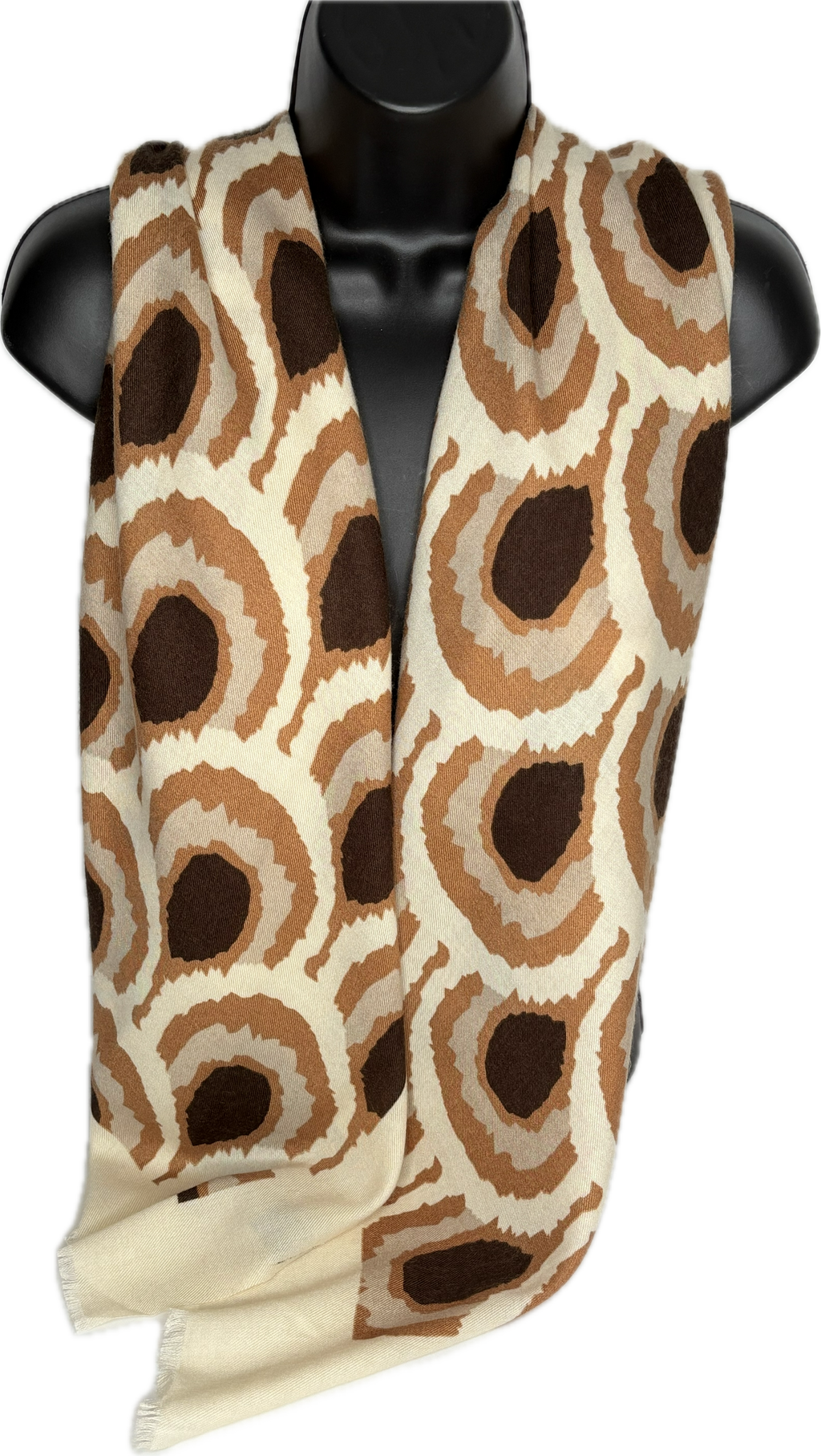 Super soft, wool-mix cream, camel and chocolate abstract print scarf