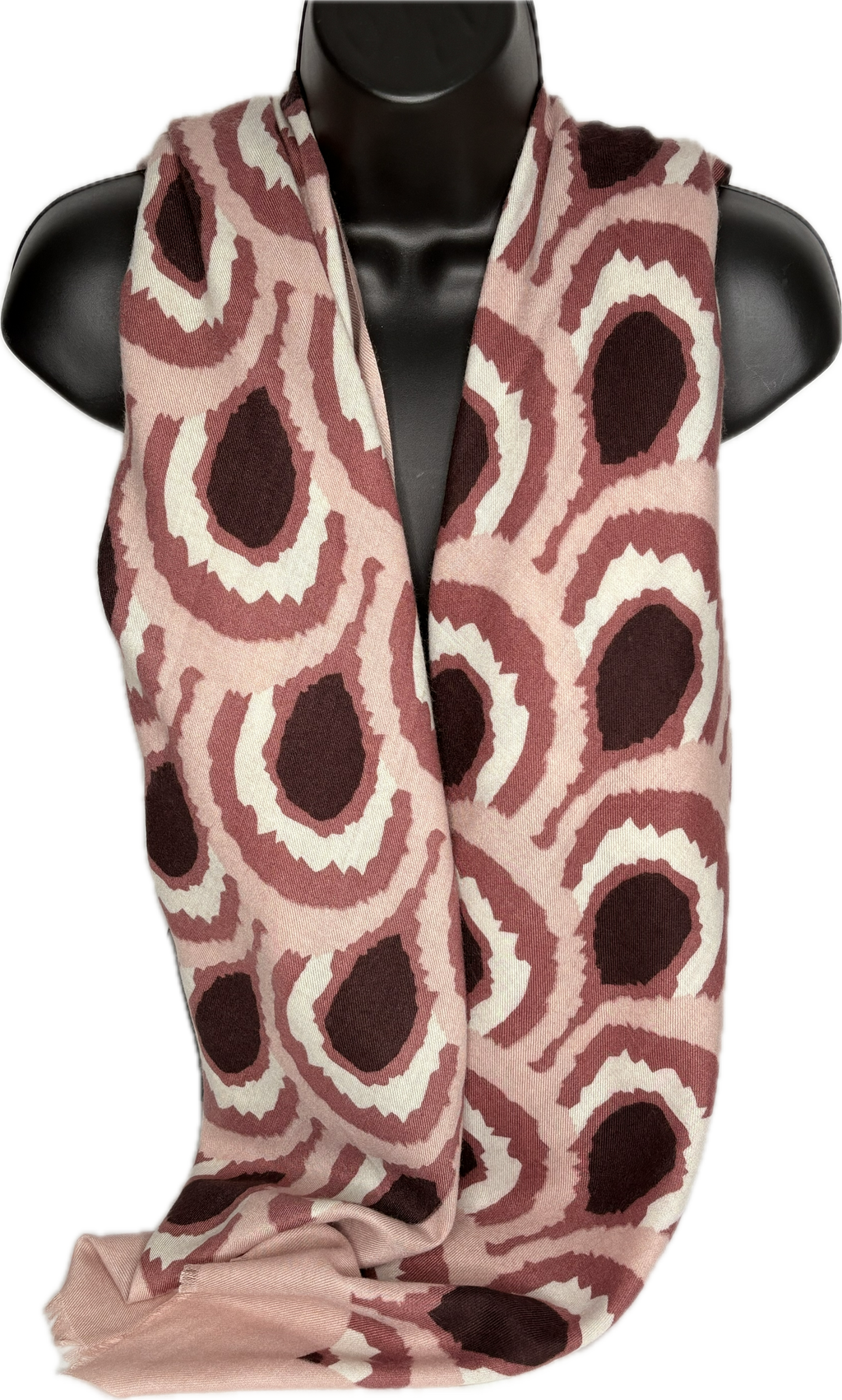 Super soft, wool-mix burgundy, pink and cream abstract print scarf