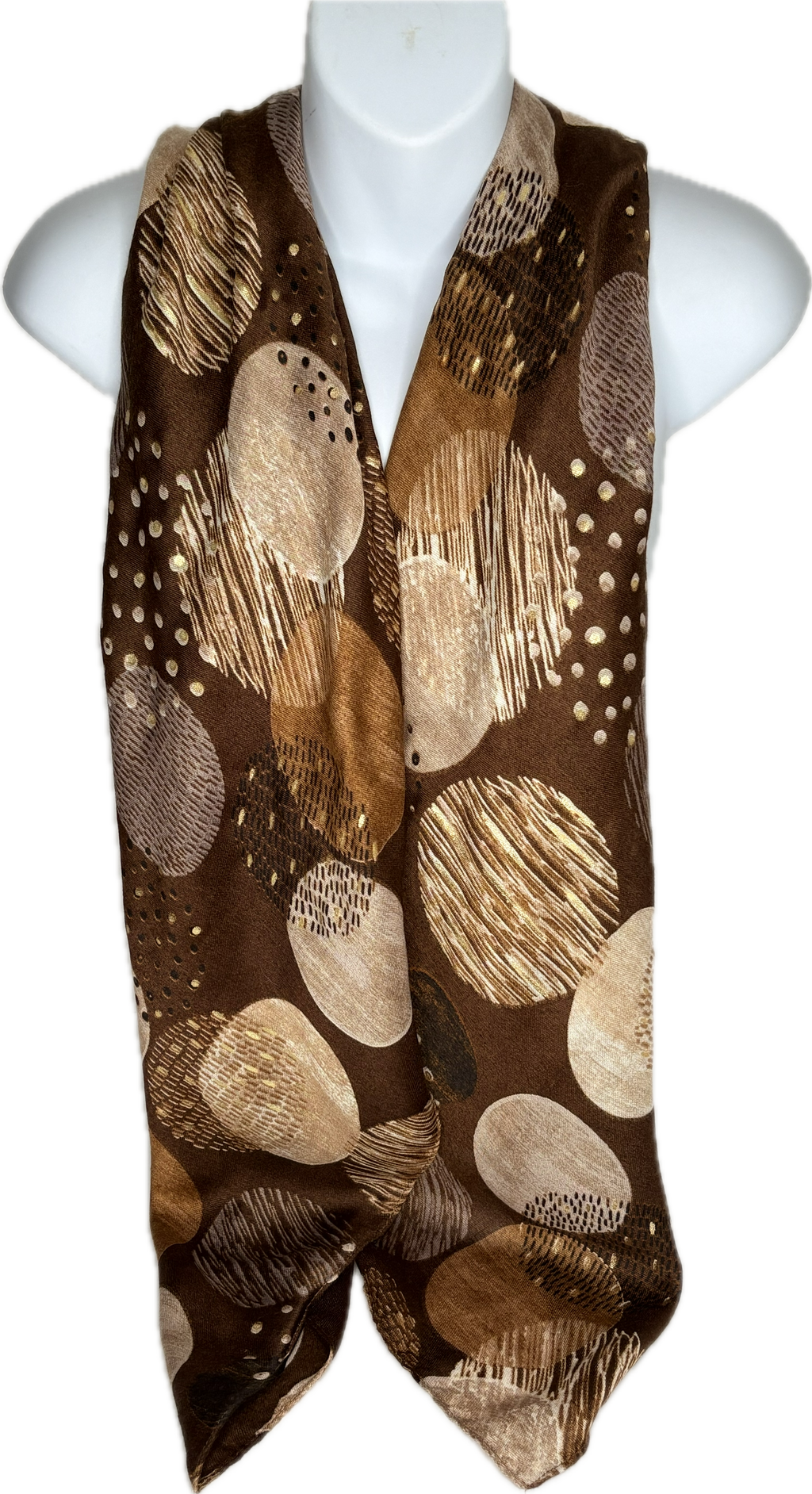 Chocolate, cream and camel circle printed scarf with gold foil spots