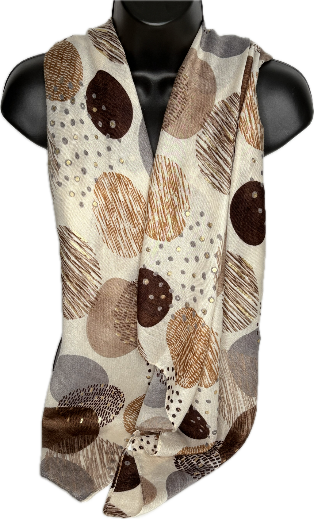 Cream, brown and grey circle printed scarf with gold foil spots