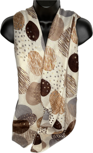 Cream, brown and grey circle printed scarf with gold foil spots