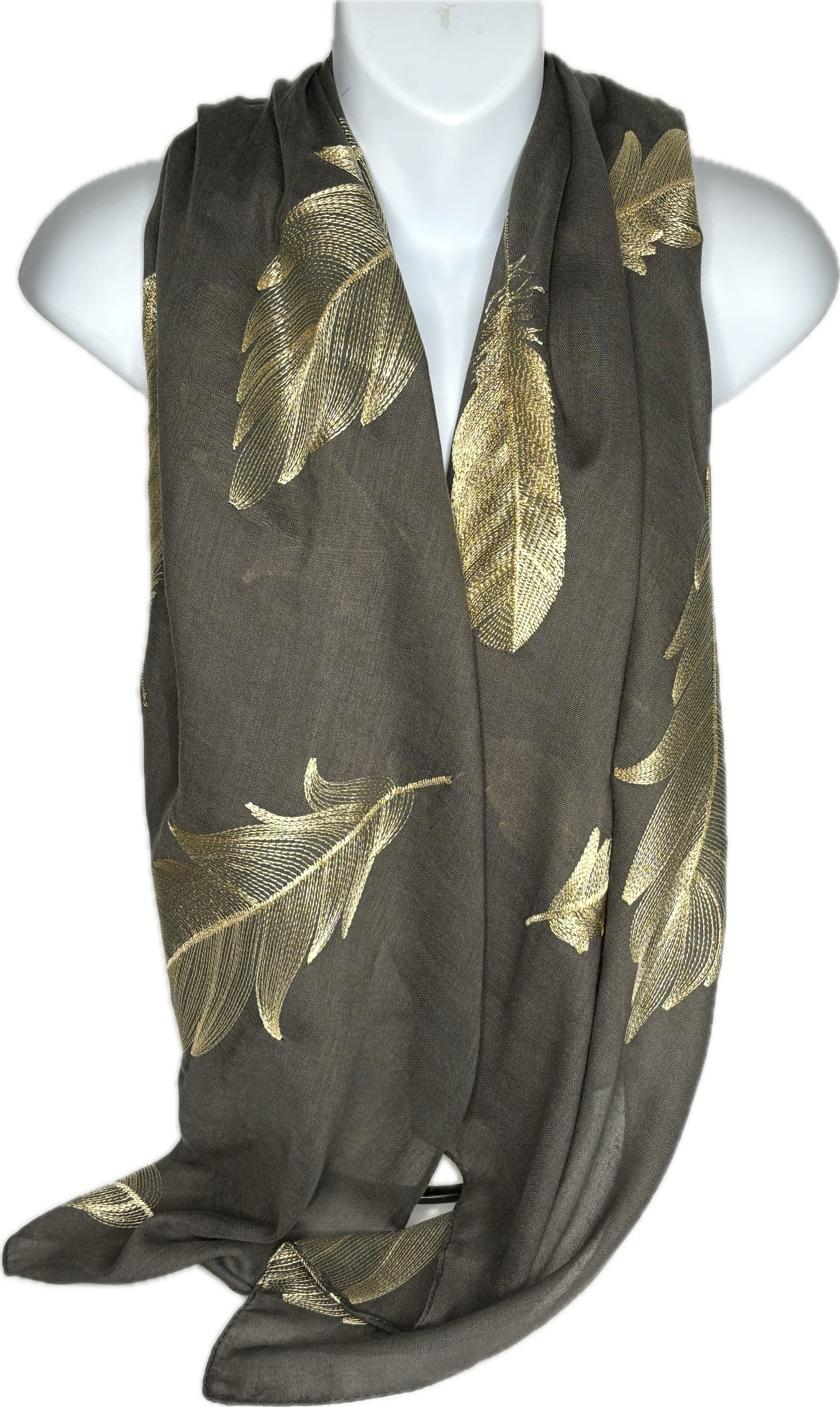 Gold embroidered feather scarf in dark grey
