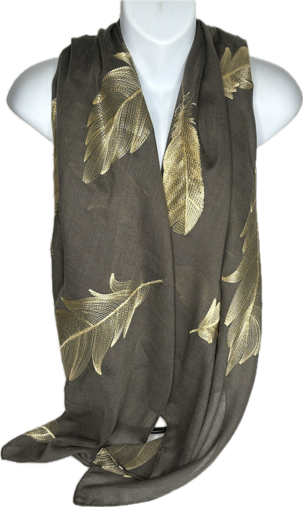 Gold embroidered feather scarf in dark grey