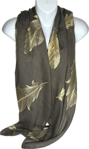 Gold embroidered feather scarf in dark grey