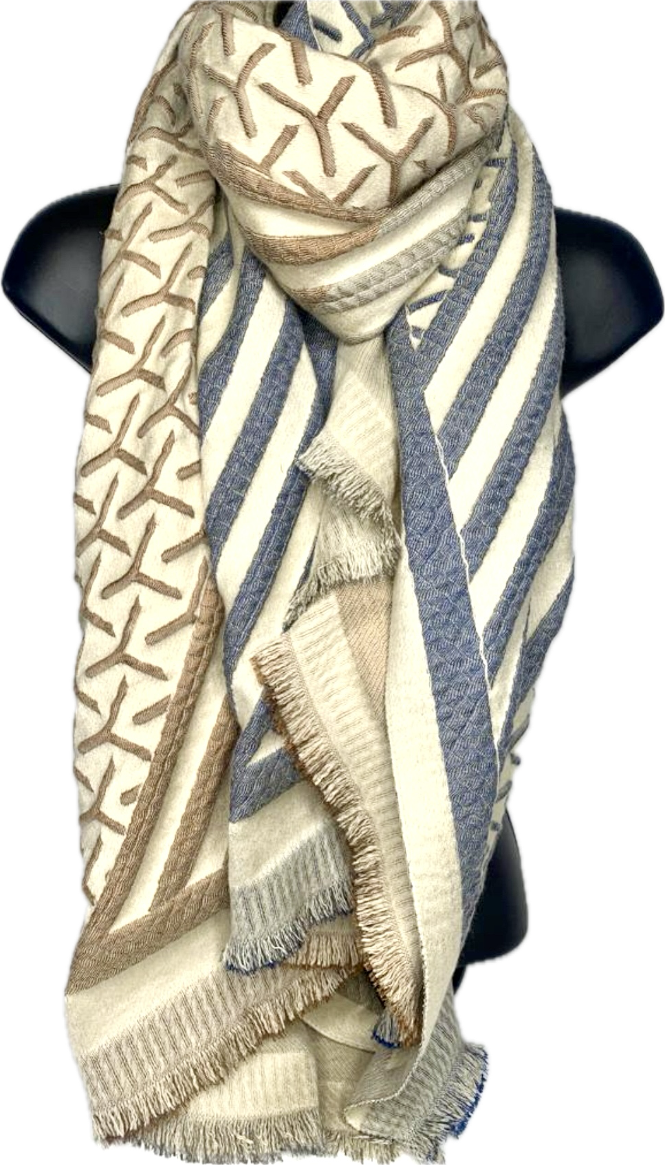 Wool mix, camel, cream and grey embossed 'Y' design scarf