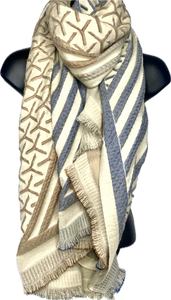 Wool mix, camel, cream and grey embossed 'Y' design scarf