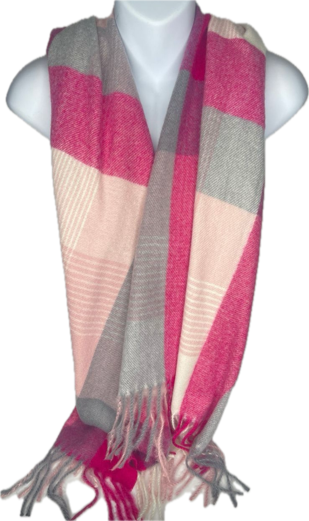 Cashmere blend, hot pink, baby pink, grey and cream checkerboard pattern scarf