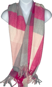 Cashmere blend, hot pink, baby pink, grey and cream checkerboard pattern scarf
