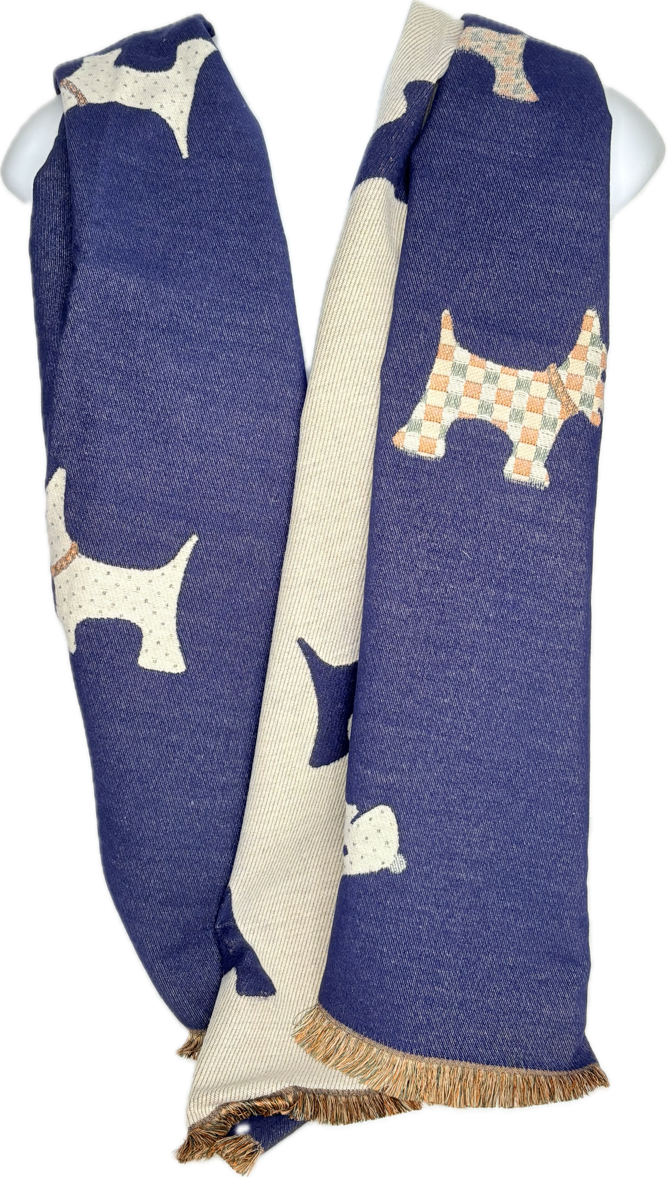 Navy and winter white, reversible embossed scottie dog printed scarf