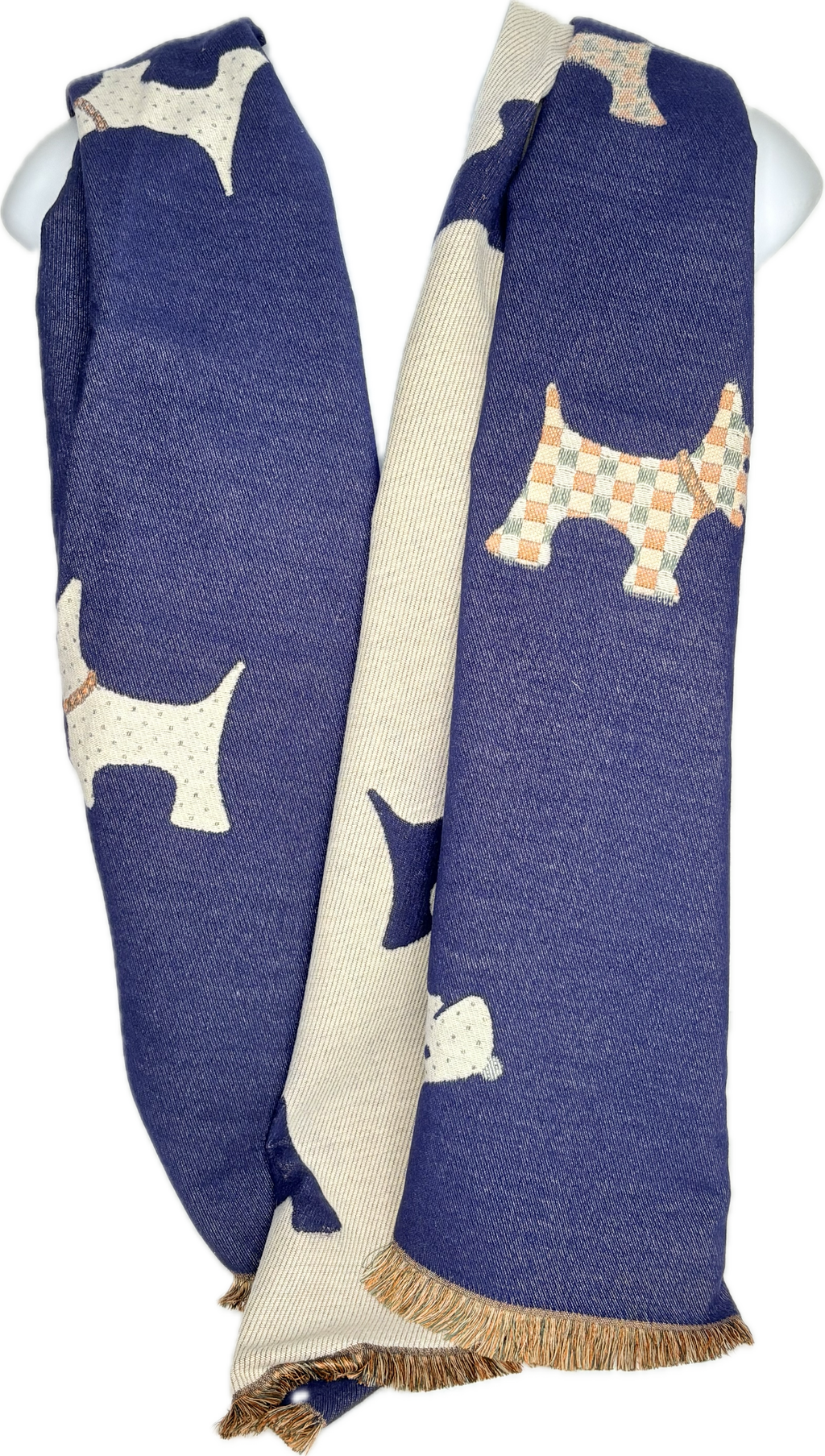 Navy and winter white, reversible embossed scottie dog printed scarf