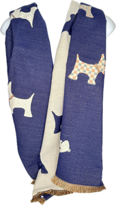 Navy and winter white, reversible embossed scottie dog printed scarf