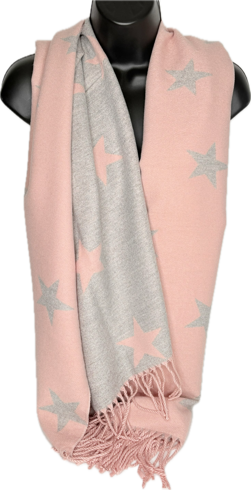 Super soft, cashmere blend, reversible grey and pink star printed scarf