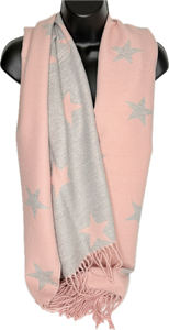 Super soft, cashmere blend, reversible grey and pink star printed scarf