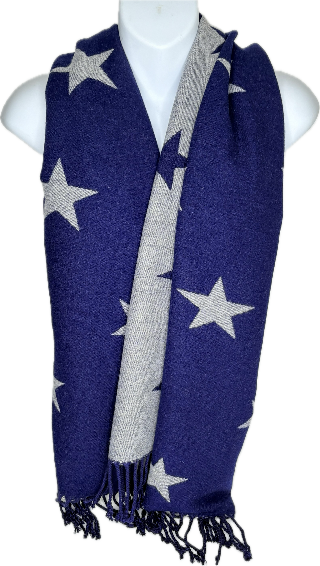 Super soft, cashmere blend, reversible grey and navy star printed scarf