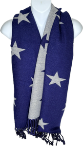 Super soft, cashmere blend, reversible grey and navy star printed scarf