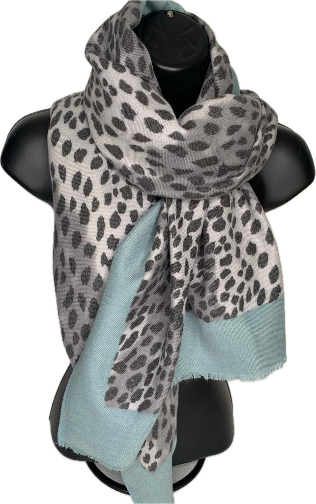 Winter weight leopard print scarf in shades of baby blue and grey